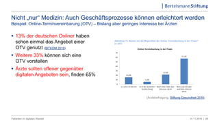Nicht „nur“ Medizin: Auch Geschäftsprozesse können erleichtert werden
Beispiel: Online-Terminvereinbarung (OTV) – Bislang aber geringes Interesse bei Ärzten
 13% der deutschen Onliner haben
schon einmal das Angebot einer
OTV genutzt (BITKOM 2016)
 Weitere 33% können sich eine
OTV vorstellen
 Ärzte sollten offener gegenüber
digitalen Angeboten sein, finden 65%
14.11.2016 |Patienten im digitalen Wandel 29
(Ärztebefragung, Stiftung Gesundheit 2016)
 