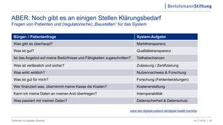 Bürger- / Patientenfrage System-Aufgabe
Was gibt es überhaupt? Markttransparenz
Was ist gut? Qualitätstransparenz
Ist das Angebot auf meine Bedürfnisse und Fähigkeiten zugeschnitten? Teilhabechancen
Was ist verlässlich und sicher? Zulassung / Zertifizierung
Was wirkt wirklich? Nutzennachweis & Forschung
Was ist gut für mich? Forschung (Fehlentwicklungen)
Wer finanziert was, übernimmt meine Kasse die Kosten? Kostenerstattung
Kann ich meine Daten an meinen Arzt übertragen? Interoperabilität
Was passiert mit meinen Daten? Datensicherheit & Datenschutz
30
ABER: Noch gibt es an einigen Stellen Klärungsbedarf
Fragen von Patienten und (regulatorische) „Baustellen“ für das System
14.11.2016 |Patienten im digitalen Wandel
www.der-digitale-patient.de/digital-health-transfer
 