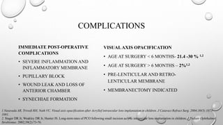 COMPLICATIONS
IMMEDIATE POST-OPERATIVE
COMPLICATIONS
• SEVERE INFLAMMATION AND
INFLAMMATORY MEMBRANE
• PUPILLARY BLOCK
• WOUND LEAK AND LOSS OF
ANTERIOR CHAMBER
• SYNECHIAE FORMATION
VISUALAXIS OPACIFICATION
• AGE AT SURGERY < 6 MONTHS- 21.4 -30 % 1,2
• AGE AT SURGERY > 6 MONTHS – 2%1,2
• PRE-LENTICULAR AND RETRO-
LENTICULAR MEMBRANE
• MEMBRANECTOMY INDICATED
1.Vasavada AR, Trivedi RH, Nath VC. Visual axis opacification after AcrySof intraocular lens implantation in children. J Cataract Refract Surg. 2004;30(5):1073-
1081.
2. Stager DR Jr, Weakley DR Jr, Hunter JS. Long-term rates of PCO following small incision acrylic intraocular lens implantation in children. J Pediatr Ophthalmol
Strabismus. 2002;39(2):73-76.
 