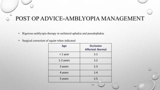 POST OP ADVICE-AMBLYOPIA MANAGEMENT
• Rigorous amblyopia therapy in unilateral aphakia and pseudophakia
• Surgical correction of squint when indicated
 