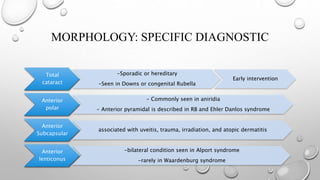 MORPHOLOGY: SPECIFIC DIAGNOSTIC
Total
cataract
-Sporadic or hereditary
-Seen in Downs or congenital Rubella
Early intervention
Anterior
polar
- Commonly seen in aniridia
- Anterior pyramidal is described in RB and Ehler Danlos syndrome
Anterior
Subcapsular
associated with uveitis, trauma, irradiation, and atopic dermatitis
Anterior
lenticonus
-bilateral condition seen in Alport syndrome
-rarely in Waardenburg syndrome
 