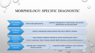 MORPHOLOGY: SPECIFIC DIAGNOSTIC
Oil-droplet
cataracts
infants with galactosemia
posterior subcapsular or small nuclear and cortical
opacification are also described
Sunflower
cataract
anterior subcapsular cataract almost only seen in Wilson’s disease
Posterior
subcapsular
cataract
- drug-induced, radiation, therapy for ocular and periocular tumors
-Turner’s syndrome, Fabry’s disease, Bardet–Biedl syndrome, and neurofibromatosis-2
Membranous
cataracts
-typically seen in Hallermann–
Streiff syndrome
congenital rubella syndrome, Lowe syndrome,
and PFV
 
