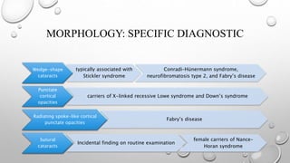 MORPHOLOGY: SPECIFIC DIAGNOSTIC
Wedge-shape
cataracts
typically associated with
Stickler syndrome
Conradi–Hünermann syndrome,
neurofibromatosis type 2, and Fabry’s disease
Punctate
cortical
opacities
carriers of X-linked recessive Lowe syndrome and Down’s syndrome
Radiating spoke-like cortical
punctate opacities
Fabry’s disease
Sutural
cataracts
Incidental finding on routine examination
female carriers of Nance–
Horan syndrome
 