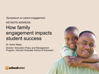 Symposium on parent engagement:
KEYNOTE ADDRESS:

How family
engagement impacts
student success
Dr. Karen Mapp,
Director: Education Policy and Management
Program, Harvard Graduate School of Education

 