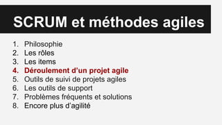 SCRUM et méthodes agiles
1. Philosophie
2. Les rôles
3. Les items
4. Déroulement d’un projet agile
5. Outils de suivi de projets agiles
6. Les outils de support
7. Problèmes fréquents et solutions
8. Encore plus d’agilité
 