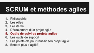 SCRUM et méthodes agiles
1. Philosophie
2. Les rôles
3. Les items
4. Déroulement d’un projet agile
5. Outils de suivi de projets agiles
6. Les outils de support
7. Les points clé pour réussir son projet agile
8. Encore plus d’agilité
 