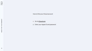 M
A
D
E
F
O
R
T
H
I
S
M
O
M
E
N
T
56
How to find your iCloud account:
1. Go to iCloud.com
2. Enter your Apple ID and password
 