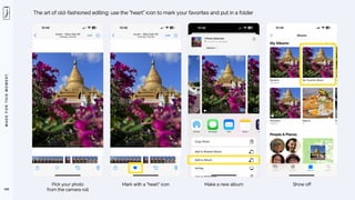 M
A
D
E
F
O
R
T
H
I
S
M
O
M
E
N
T
100
The art of old-fashioned editing: use the “heart” icon to mark your favorites and put in a folder
Pick your photo
from the camera roll
Mark with a ”heart” icon Make a new album Show off
 