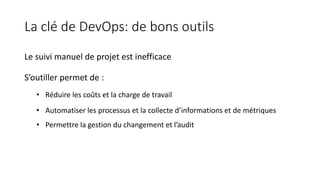 La clé de DevOps: de bons outils
Le suivi manuel de projet est inefficace
S’outiller permet de :
• Réduire les coûts et la charge de travail
• Automatiser les processus et la collecte d’informations et de métriques
• Permettre la gestion du changement et l’audit
 