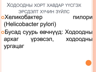 ХОДООДНЫ ХОРТ ХАВДАР ҮҮСГЭХ
ЭРСДЭЛТ ХҮЧИН ЗҮЙЛС
Хеликобактер пилори
(Helicobacter pylori)
Бусад суурь өвчнүүд: Ходоодны
архаг үрэвсэл, ходоодны
ургацаг
 