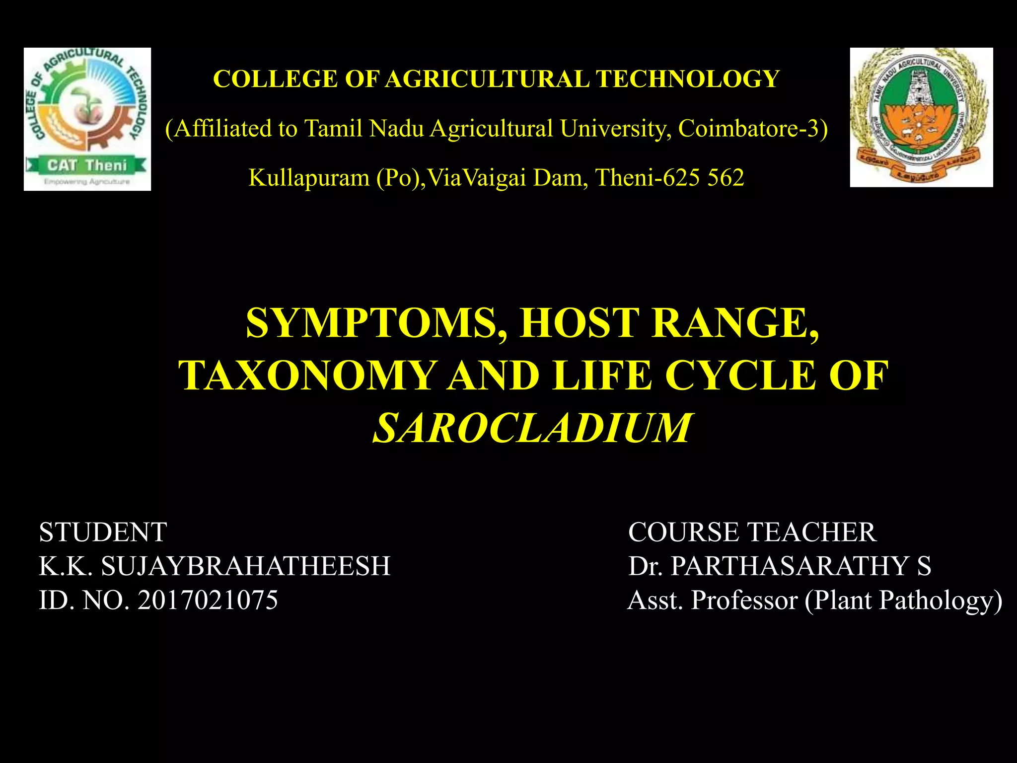 COURSE TEACHER
Dr. PARTHASARATHY S
Asst. Professor (Plant Pathology)
STUDENT
K.K. SUJAYBRAHATHEESH
ID. NO. 2017021075
COLLEGE OF AGRICULTURAL TECHNOLOGY
(Affiliated to Tamil Nadu Agricultural University, Coimbatore-3)
Kullapuram (Po),ViaVaigai Dam, Theni-625 562
SYMPTOMS, HOST RANGE,
TAXONOMY AND LIFE CYCLE OF
SAROCLADIUM
 