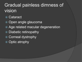 Gradual painless dimness of
vision
 Cataract
 Open angle glaucoma
 Age related macular degeneration
 Diabetic retinopathy
 Corneal dystrophy
 Optic atrophy
 
