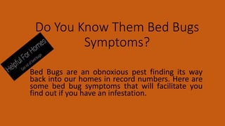 Do You Know Them Bed Bugs
Symptoms?
Bed Bugs are an obnoxious pest finding its way
back into our homes in record numbers. Here are
some bed bug symptoms that will facilitate you
find out if you have an infestation.
 