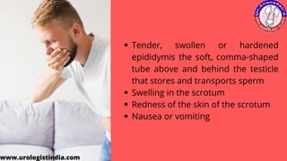 Tender, swollen or hardened
epididymis the soft, comma-shaped
tube above and behind the testicle
that stores and transports sperm
Swelling in the scrotum
Redness of the skin of the scrotum
Nausea or vomiting
www.urologistindia.com
 