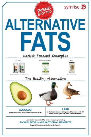 ALTERNATIVE
FATSMarket Product Examples
Alternative sources of fat have emerged, promising
RICH FLAVOR and FUNCTIONAL BENEFITS
beyond the common butter and olive oil.
Fatworks	 Chosen Foods Mayo	 Epic
TREND
SPOTTED
Fan
cy
Food Show
2016 NYC
Pure Tallow, Pure Lard, Duck Fat, Leaf Lard Avocado Oil Mayo Duck Fat Cooking Oil
The Healthy Alternative
LARD
is the latest ancestral ingredient to enjoy a rebirth
and is making it’s way back into the kitchen.
AVOCADO
remains hot as a heart-healthy source of fat.
 