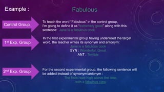 Example : Fabulous
Control Group
To teach the word “Fabulous” in the control group,
I'm going to define it as “extremely good” along with this
sentence: Jane is a fabulous cook.
1st Exp. Group
In the first experimental group having underlined the target
word, the teacher writes its synonym and antonym:
Jane is a fabulous cook
SYN : Wonderful, Great
ANT : Terrible
2nd Exp. Group
For the second experimental group, the following sentence will
be added instead of synonym/antonym :
The hotel was high above the lake,
with a fabulous view.
 