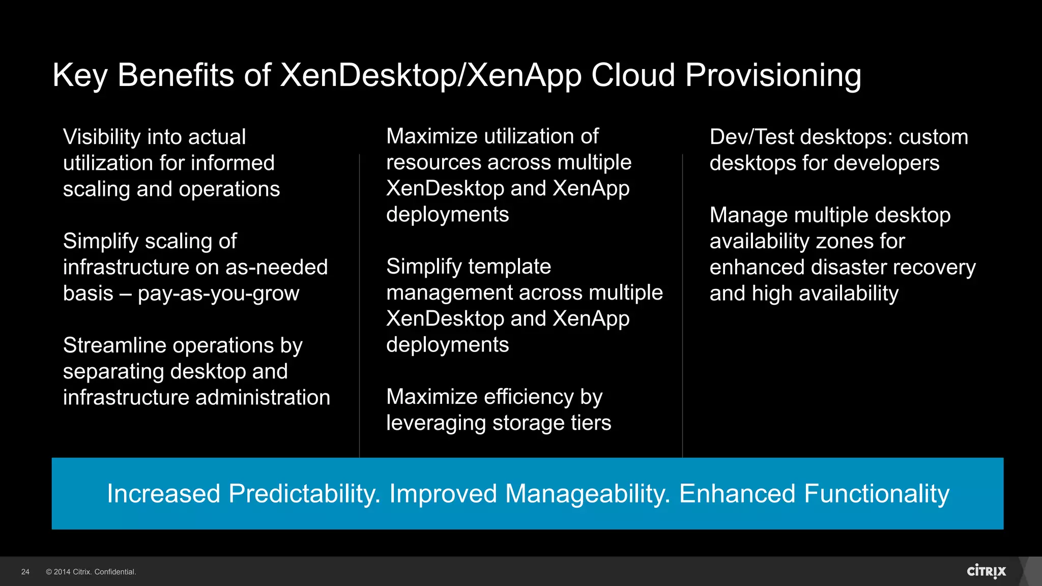 © 2014 Citrix. Confidential.24
Increased Predictability. Improved Manageability. Enhanced Functionality
Visibility into actual
utilization for informed
scaling and operations
Simplify scaling of
infrastructure on as-needed
basis – pay-as-you-grow
Streamline operations by
separating desktop and
infrastructure administration
Dev/Test desktops: custom
desktops for developers
Manage multiple desktop
availability zones for
enhanced disaster recovery
and high availability
Maximize utilization of
resources across multiple
XenDesktop and XenApp
deployments
Simplify template
management across multiple
XenDesktop and XenApp
deployments
Maximize efficiency by
leveraging storage tiers
Key Benefits of XenDesktop/XenApp Cloud Provisioning
 