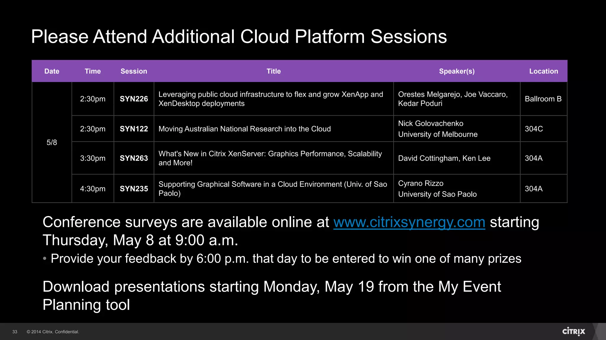 © 2014 Citrix. Confidential.33
Please Attend Additional Cloud Platform Sessions
Date Time Session Title Speaker(s) Location
5/8
2:30pm SYN226
Leveraging public cloud infrastructure to flex and grow XenApp and
XenDesktop deployments
Orestes Melgarejo, Joe Vaccaro,
Kedar Poduri
Ballroom B
2:30pm SYN122 Moving Australian National Research into the Cloud
Nick Golovachenko
University of Melbourne
304C
3:30pm SYN263
What's New in Citrix XenServer: Graphics Performance, Scalability
and More!
David Cottingham, Ken Lee 304A
4:30pm SYN235
Supporting Graphical Software in a Cloud Environment (Univ. of Sao
Paolo)
Cyrano Rizzo
University of Sao Paolo
304A
Conference surveys are available online at www.citrixsynergy.com starting
Thursday, May 8 at 9:00 a.m.
• Provide your feedback by 6:00 p.m. that day to be entered to win one of many prizes
Download presentations starting Monday, May 19 from the My Event
Planning tool
 