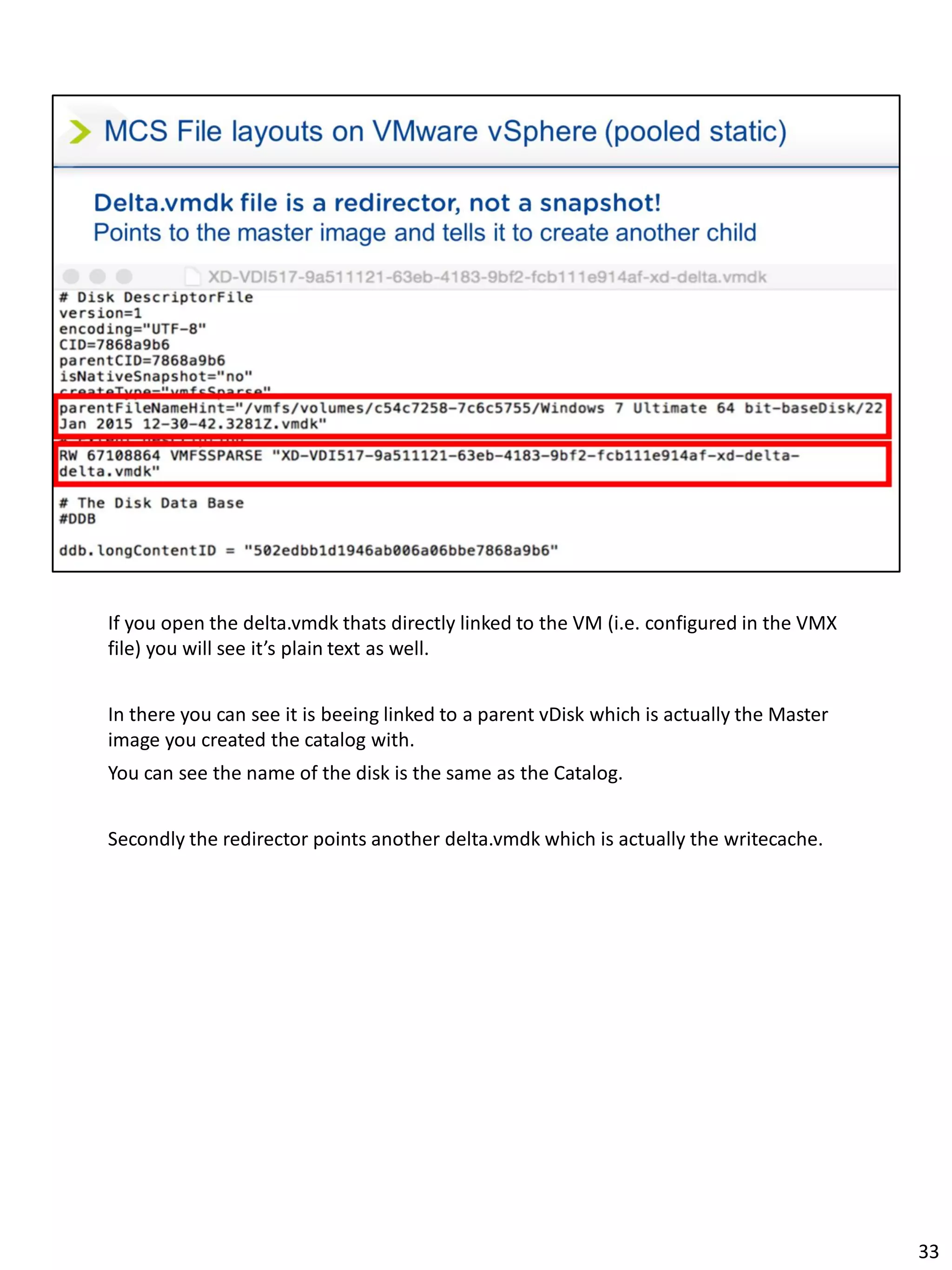 If you open the delta.vmdk thats directly linked to the VM (i.e. configured in the VMX
file) you will see it’s plain text as well.
In there you can see it is beeing linked to a parent vDisk which is actually the Master
image you created the catalog with.
You can see the name of the disk is the same as the Catalog.
Secondly the redirector points another delta.vmdk which is actually the writecache.
33
 
