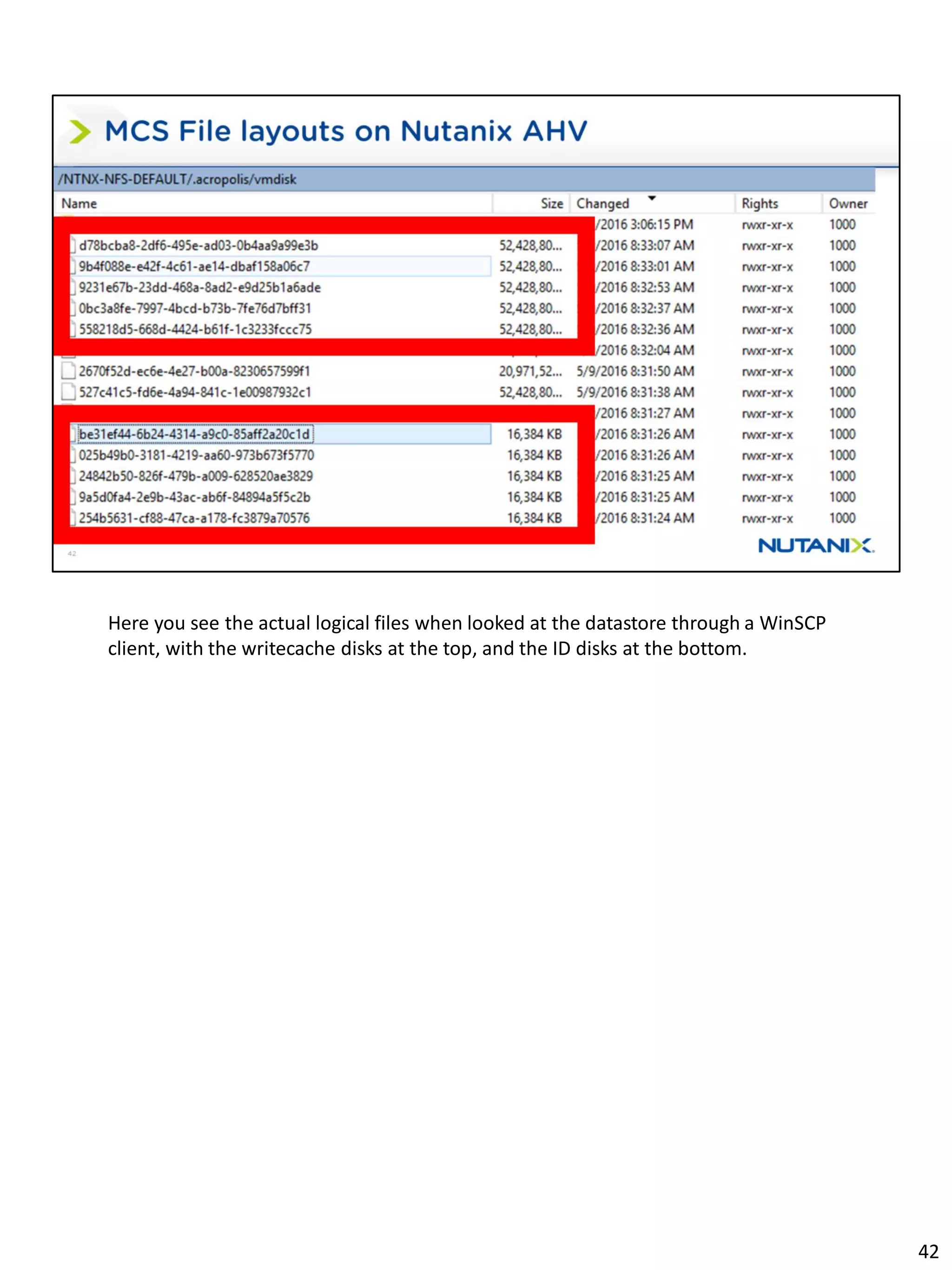 Here you see the actual logical files when looked at the datastore through a WinSCP
client, with the writecache disks at the top, and the ID disks at the bottom.
42
 