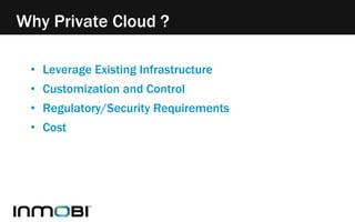 Why Private Cloud ? 
• Leverage Existing Infrastructure 
• Customization and Control 
• Regulatory/Security Requirements 
• Cost 
 