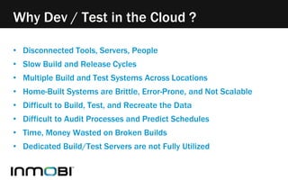 Why Dev / Test in the Cloud ? 
• Disconnected Tools, Servers, People 
• Slow Build and Release Cycles 
• Multiple Build and Test Systems Across Locations 
• Home-Built Systems are Brittle, Error-Prone, and Not Scalable 
• Difficult to Build, Test, and Recreate the Data 
• Difficult to Audit Processes and Predict Schedules 
• Time, Money Wasted on Broken Builds 
• Dedicated Build/Test Servers are not Fully Utilized 
 