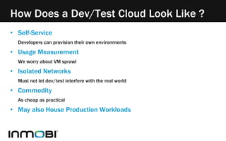 How Does a Dev/Test Cloud Look Like ? 
• Self-Service 
Developers can provision their own environments 
• Usage Measurement 
We worry about VM sprawl 
• Isolated Networks 
Must not let dev/test interfere with the real world 
• Commodity 
As cheap as practical 
• May also House Production Workloads 
 