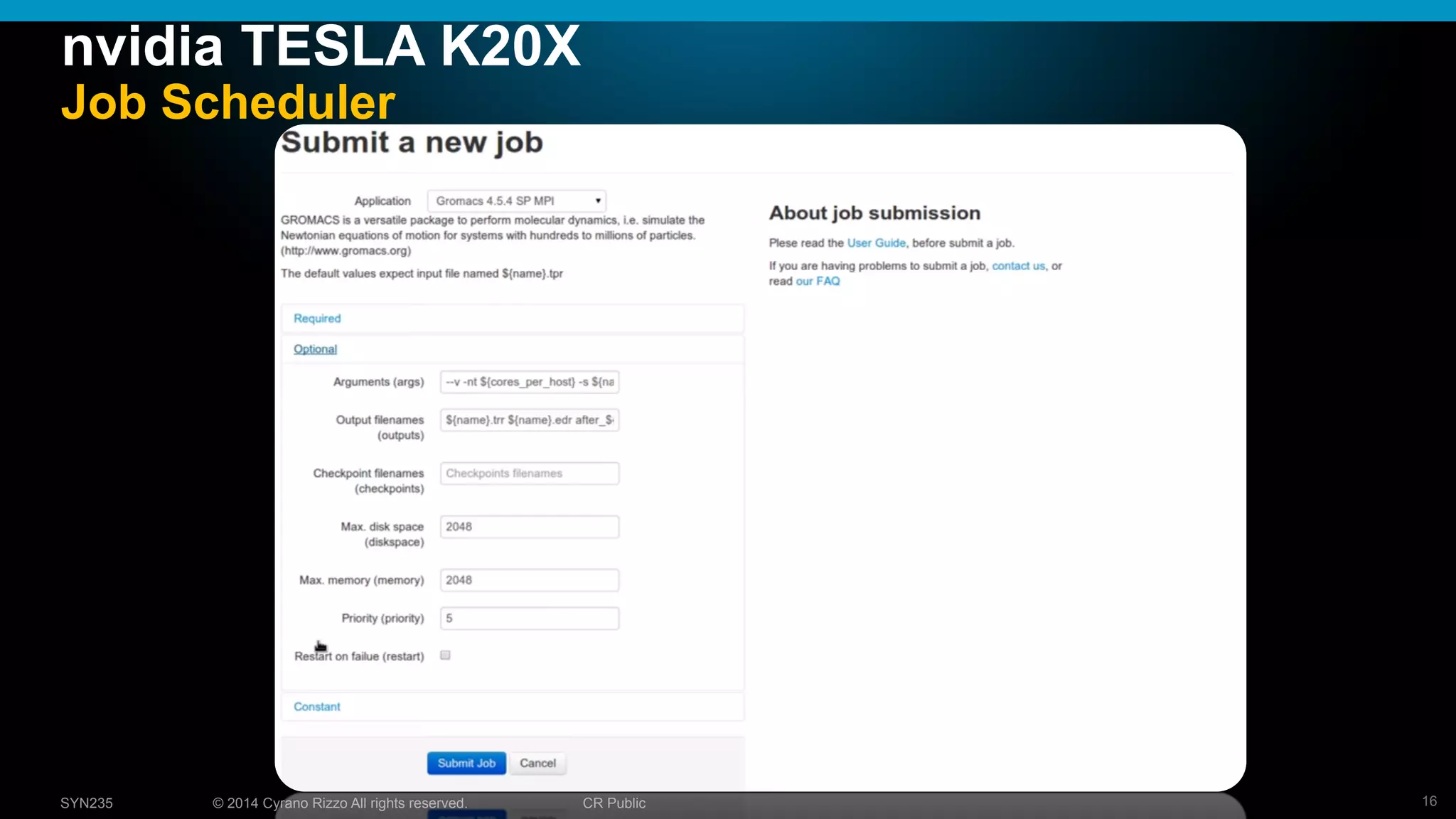 16© 2014 Cyrano Rizzo All rights reserved. CR PublicSYN235
nvidia TESLA K20X
Job Scheduler
 