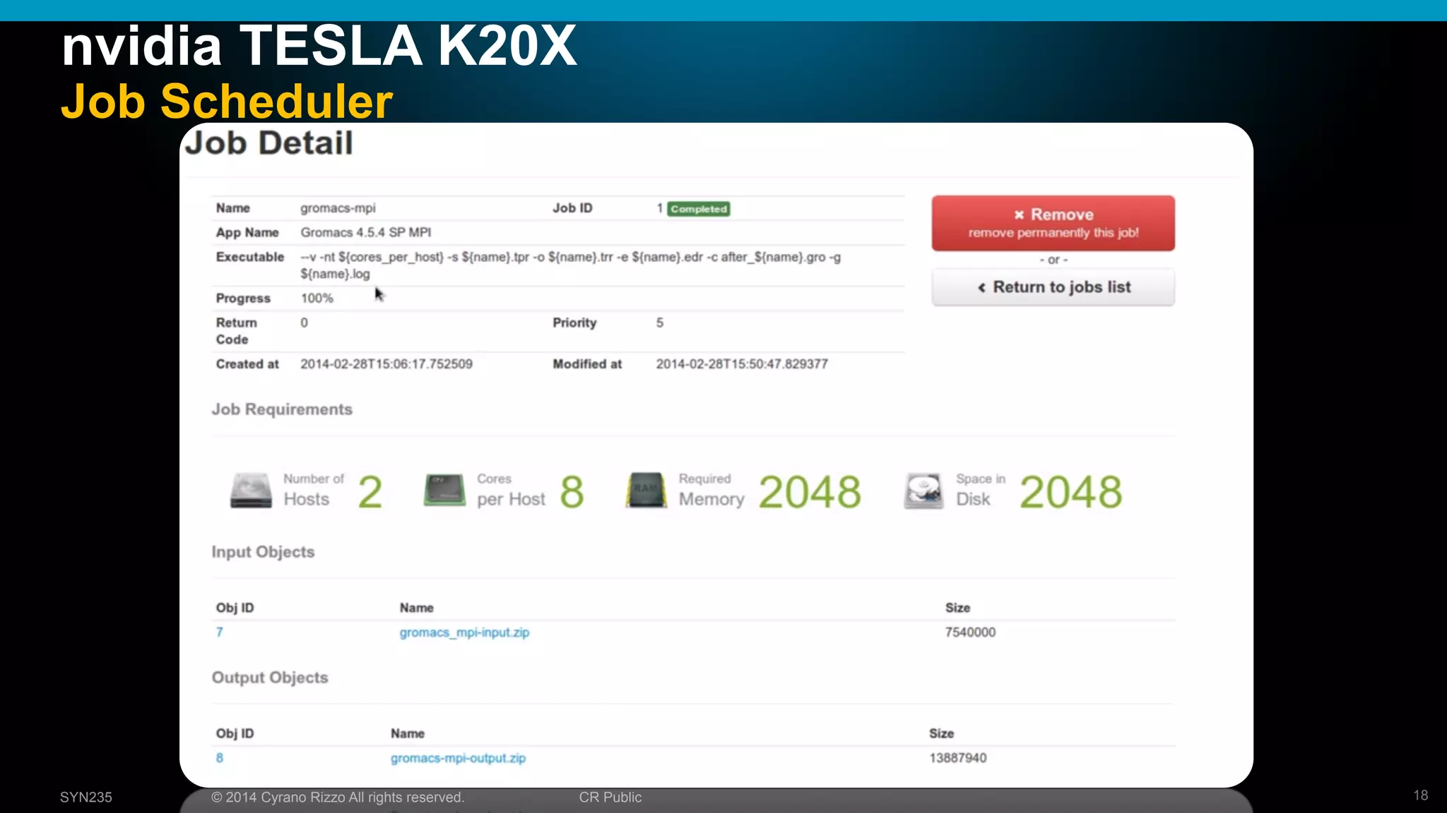 18© 2014 Cyrano Rizzo All rights reserved. CR PublicSYN235
nvidia TESLA K20X
Job Scheduler
 