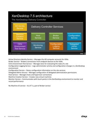 © 2014 Citrix. Confidential.10
Active Directory Identity Service – Manages the AD computer accounts for VDAs
Broker Service – Brokers connections from endpoint devices to the VDAs
Citrix Environment Test Service – Manages tests for evaluating the state of a site
Configuration Logging Service – Logs administrator activity and configuration changes in a XenDesktop 
environment
Configuration Service – Stores configuration information on the site services
Delegated Admin Service – Manages configuration of delegated administration permissions
Host Service – Manages hosts and hypervisor connections
Machine Creation Service – Creates new virtual machines
Monitor Service – Communicates with touch points in the XenDesktop environment to monitor and 
record performance
No Machine ID service – As of 7.x, part of Broker service
 