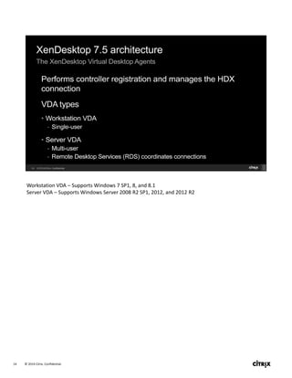 © 2014 Citrix. Confidential.14
Workstation VDA – Supports Windows 7 SP1, 8, and 8.1
Server VDA – Supports Windows Server 2008 R2 SP1, 2012, and 2012 R2
 