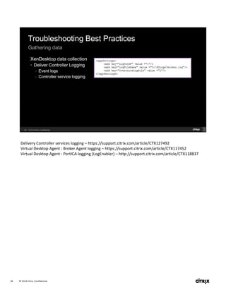 © 2014 Citrix. Confidential.38
Delivery Controller services logging – https://support.citrix.com/article/CTX127492
Virtual Desktop Agent : Broker Agent logging – https://support.citrix.com/article/CTX117452
Virtual Desktop Agent : PortICA logging (LogEnabler) – http://support.citrix.com/article/CTX118837
 