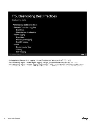 © 2014 Citrix. Confidential.41
Delivery Controller services logging – https://support.citrix.com/article/CTX127492
Virtual Desktop Agent : Broker Agent logging – https://support.citrix.com/article/CTX117452
Virtual Desktop Agent : PortICA logging (LogEnabler) – http://support.citrix.com/article/CTX118837
 