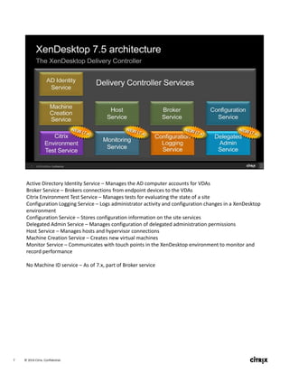 © 2014 Citrix. Confidential.7
Active Directory Identity Service – Manages the AD computer accounts for VDAs
Broker Service – Brokers connections from endpoint devices to the VDAs
Citrix Environment Test Service – Manages tests for evaluating the state of a site
Configuration Logging Service – Logs administrator activity and configuration changes in a XenDesktop 
environment
Configuration Service – Stores configuration information on the site services
Delegated Admin Service – Manages configuration of delegated administration permissions
Host Service – Manages hosts and hypervisor connections
Machine Creation Service – Creates new virtual machines
Monitor Service – Communicates with touch points in the XenDesktop environment to monitor and 
record performance
No Machine ID service – As of 7.x, part of Broker service
 