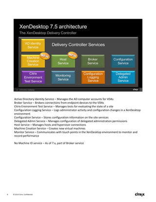 © 2014 Citrix. Confidential.8
Active Directory Identity Service – Manages the AD computer accounts for VDAs
Broker Service – Brokers connections from endpoint devices to the VDAs
Citrix Environment Test Service – Manages tests for evaluating the state of a site
Configuration Logging Service – Logs administrator activity and configuration changes in a XenDesktop 
environment
Configuration Service – Stores configuration information on the site services
Delegated Admin Service – Manages configuration of delegated administration permissions
Host Service – Manages hosts and hypervisor connections
Machine Creation Service – Creates new virtual machines
Monitor Service – Communicates with touch points in the XenDesktop environment to monitor and 
record performance
No Machine ID service – As of 7.x, part of Broker service
 