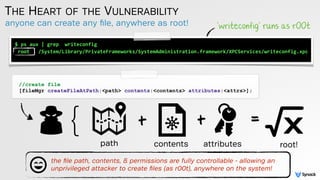 anyone can create any ﬁle, anywhere as root!
THE HEART OF THE VULNERABILITY
$	
  ps	
  aux	
  |	
  grep	
  	
  writeconfig...