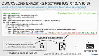 used to turn on access for 'assistive devices' to enable keylogging!
OSX/XSLCMD EXPLOITING ROOTPIPE (OS X 10.7/10.8)
void	...
