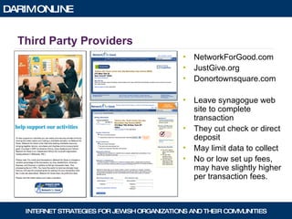 Third Party Providers NetworkForGood.com JustGive.org Donortownsquare.com Leave synagogue web site to complete transaction They cut check or direct deposit May limit data to collect No or low set up fees, may have slightly higher per transaction fees. 