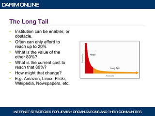 The Long Tail Institution can be enabler, or obstacle. Often can only afford to reach up to 20% What is the value of the other 80%? What is the current cost to reach that 80%? How might that change? E.g. Amazon, Linux, Flickr, Wikipedia, Newspapers, etc. 