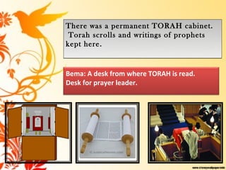 There was a permanent TORAH cabinet.
 Torah scrolls and writings of prophets
kept here.


Bema: A desk from where TORAH is read.
Desk for prayer leader.
 