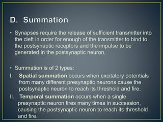 • Synapses require the release of sufficient transmitter into
the cleft in order for enough of the transmitter to bind to
the postsynaptic receptors and the impulse to be
generated in the postsynaptic neuron.
• Summation is of 2 types:
I. Spatial summation occurs when excitatory potentials
from many different presynaptic neurons cause the
postsynaptic neuron to reach its threshold and fire.
II. Temporal summation occurs when a single
presynaptic neuron fires many times in succession,
causing the postsynaptic neuron to reach its threshold
and fire.
 