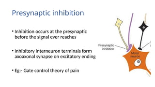 Presynaptic inhibition
• Inhibition occurs at the presynaptic terminals
before the signal ever reaches the synapse
• Inhibitory interneuron terminals form
axoaxonal synapse on excitatory ending
• Eg:- Gate control theory of pain
 