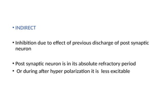 • INDIRECT
• Inhibition due to effect of previous discharge of post synaptic
neuron
• Post synaptic neuron is in its absolute refractory period
• Or during after hyper polarization it is less excitable
 
