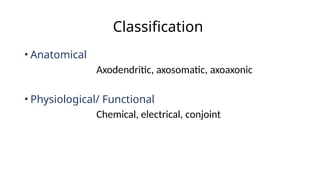 Classification
• Anatomical
Axodendritic, axosomatic, axoaxonic
• Physiological/ Functional
Chemical, electrical, conjoint
 