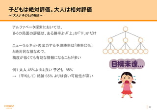 22
子どもは絶対評価。大人は相対評価
〜「大人」「子ども」の融合〜
アルファベータ探索においては、
多くの局面の評価は、ある勝率より「上」か「下」かだけ
ニューラルネットの出力する予測勝率は「勝率○%」
と絶対的な値なので、
精度が低くても有効な情報になることが多い
例1 大人 45%よりは良い 子ども 85%
→ （平均して） 結論 65% よりは良い可能性が高い
 