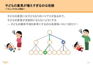 23
子どもの意見が増えすぎるのは危険
〜「大人」「子ども」の融合〜
子どもの意見には子どもなりのバイアスがあるので、
子どもの意見が支配的にならないようにする
→ 子どもの勝率予測を参考にするのは各探索パスに1回だけ！
 