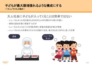 26
子どもが最大限頑張れるような構成にする
〜「大人」「子ども」の融合〜
大人社会に子どもが入ってくることは簡単ではない
- ニューラルネットの計算のためのCPU⇄GPU間のやり取りが遅い
- 探索は逐次計算(1局面ずつ)だが
ニューラルネットはバッチ計算(同時に多数の局面を計算)が得意
→ニューラルネット計算のリクエストを溜めておき、後でまとめてGPUに送って計算
探索 ニューラル
ネット
 