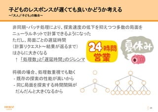 29
子どものレスポンスが遅くても良いかどうか考える
〜「大人」「子ども」の融合〜
非同期・バッチ処理により、探索速度の低下を抑えつつ多数の局面を
ニューラルネットで計算できるようになった
ただし、局面ごとの遅延時間
（計算リクエスト〜結果が返るまで）
はさらに大きくなる
↑ 「処理数」と「遅延時間」のジレンマ
将棋の場合、処理数重視でも動く
- 既存の探索の性能が高いから
- 同じ局面を探索する時間間隔が
だんだんと大きくなるから
 