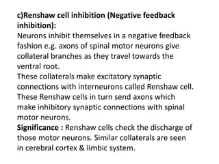 c)Renshaw cell inhibition (Negative feedback
inhibition):
Neurons inhibit themselves in a negative feedback
fashion e.g. axons of spinal motor neurons give
collateral branches as they travel towards the
ventral root.
These collaterals make excitatory synaptic
connections with interneurons called Renshaw cell.
These Renshaw cells in turn send axons which
make inhibitory synaptic connections with spinal
motor neurons.
Significance : Renshaw cells check the discharge of
those motor neurons. Similar collaterals are seen
in cerebral cortex & limbic system.
 