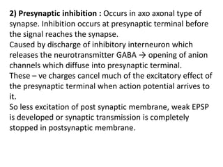 2) Presynaptic inhibition : Occurs in axo axonal type of
synapse. Inhibition occurs at presynaptic terminal before
the signal reaches the synapse.
Caused by discharge of inhibitory interneuron which
releases the neurotransmitter GABA → opening of anion
channels which diffuse into presynaptic terminal.
These – ve charges cancel much of the excitatory effect of
the presynaptic terminal when action potential arrives to
it.
So less excitation of post synaptic membrane, weak EPSP
is developed or synaptic transmission is completely
stopped in postsynaptic membrane.
 